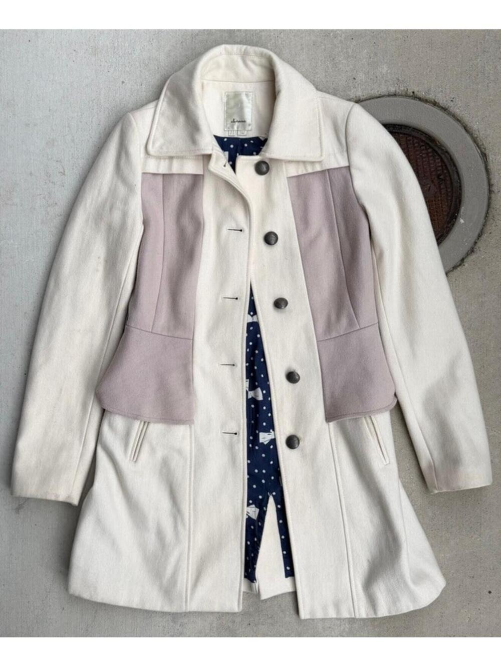 Elevenses Colorblock Ivory Light Purple Overcoat Women L Button Collared